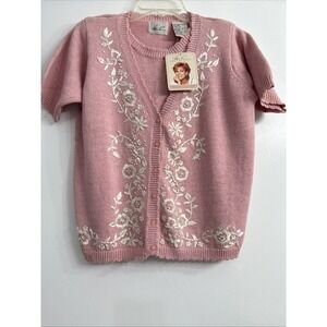 Vtg 90s Grandmacore Pink Sweater Embroidered Floral Cottagecore XS Sz XS NWT